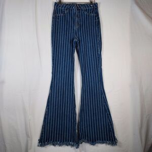 Cello Pinstripe Flare Jeans Women’s 7 Blue Denim Boho Y2K Raw Hem Stretch
